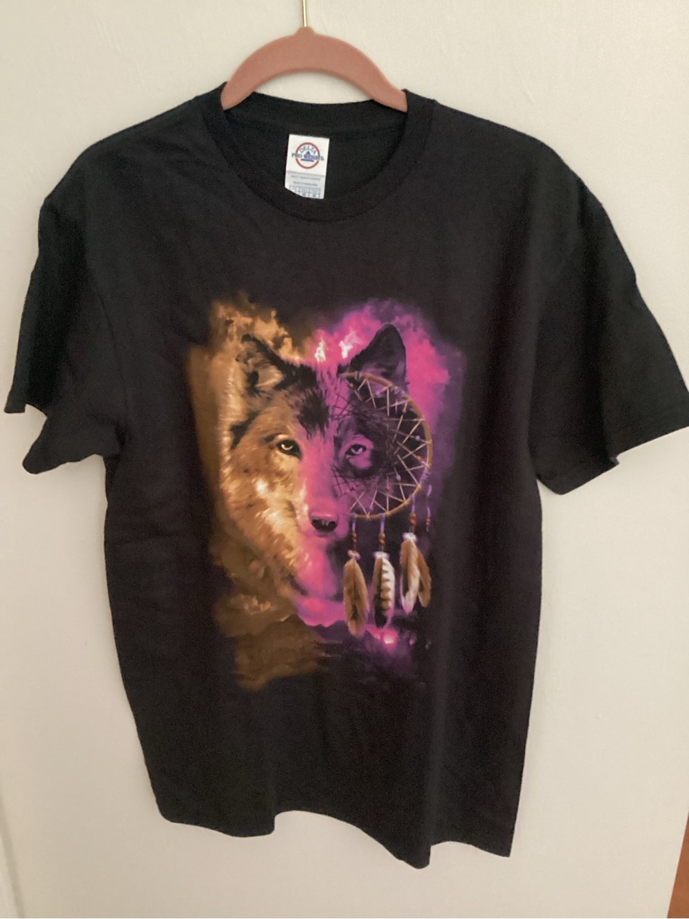 Delta Black Tee with Wolf & Dreamcatcher Art in Purple and Gold